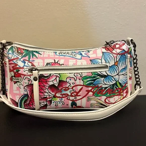 NWT Ed Hardy White & Pink "Love Kills Slowly" Baguette Bag and Wristlet Wallet S - Picture 3 of 6